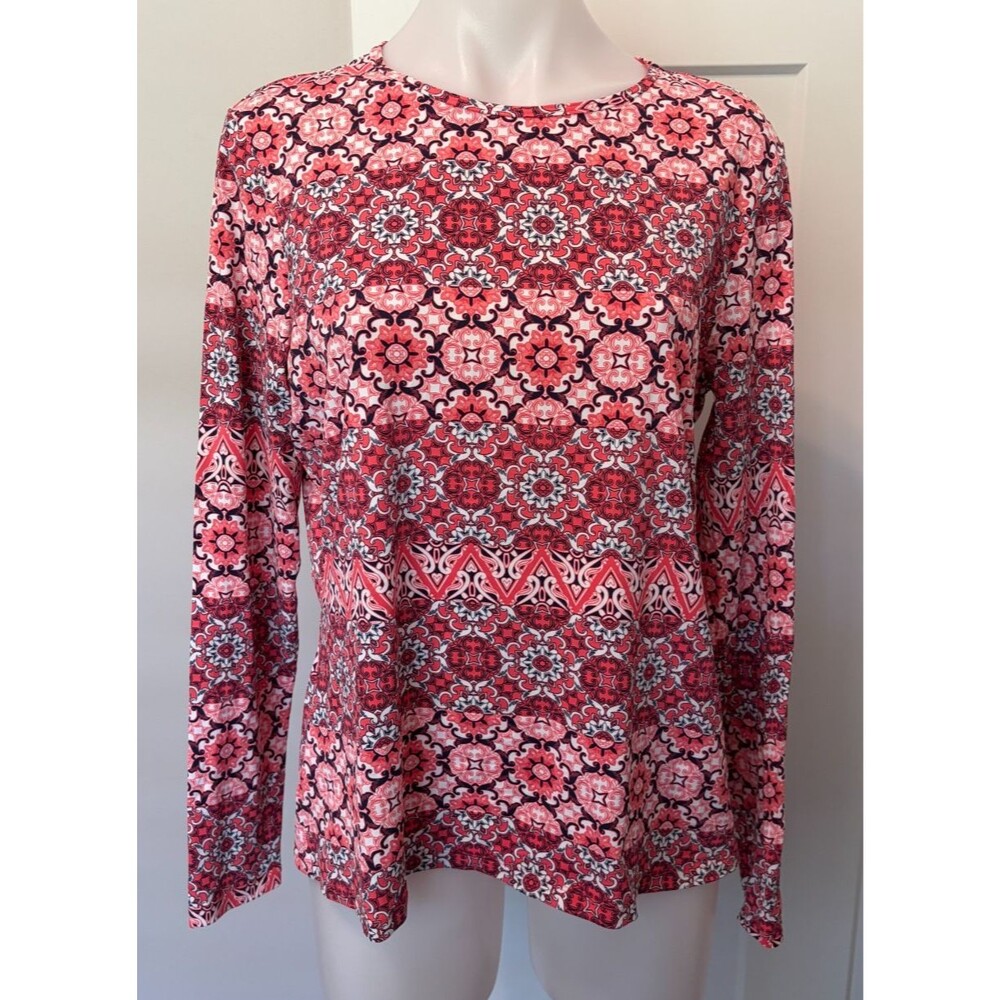 LANDS END Women Swim Shirt RASH GUARD Long Sleeve PINK Blue FLORAL Size M 10-12